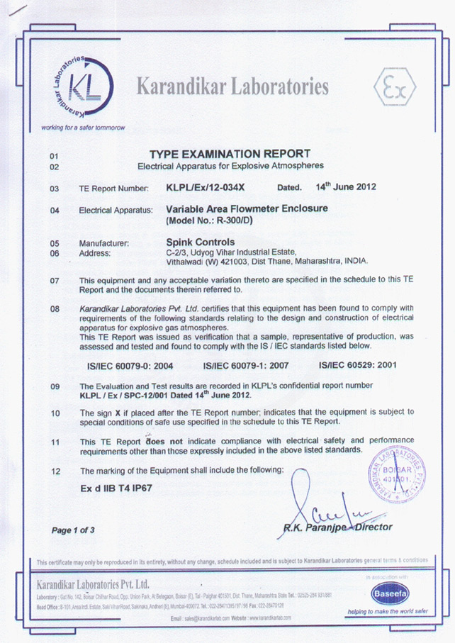 Certificate - Spink controls